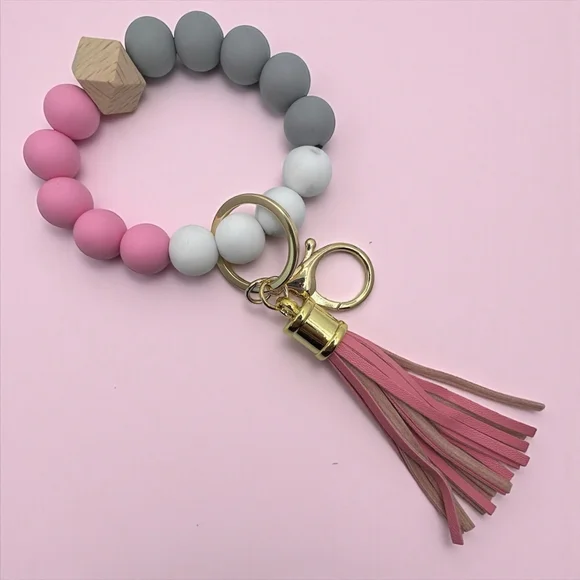 Beaded Silicone Keychain Bracelet Wristlet Pink Gray Marble with Tassel - Picture 1 of 3